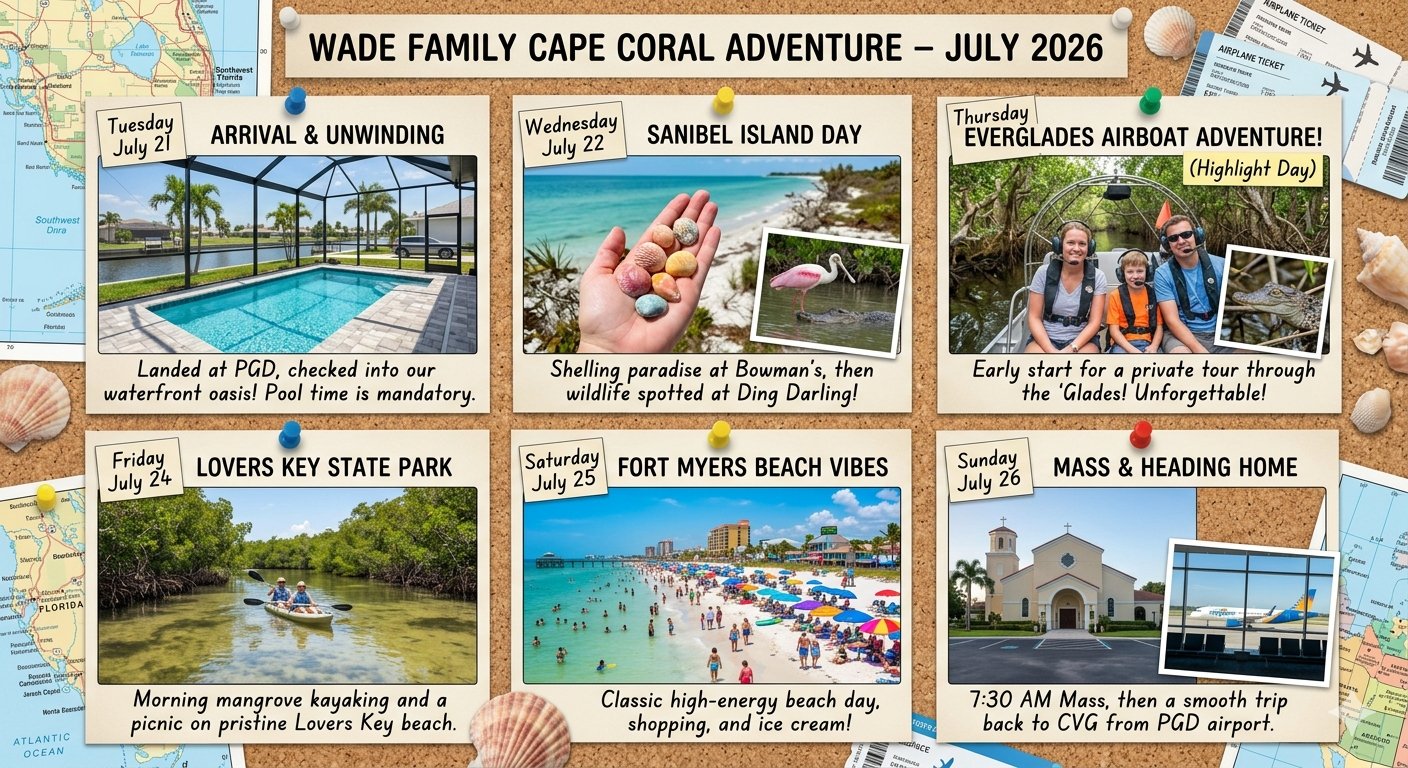 Wade Family Cape Coral Adventure corkboard overview